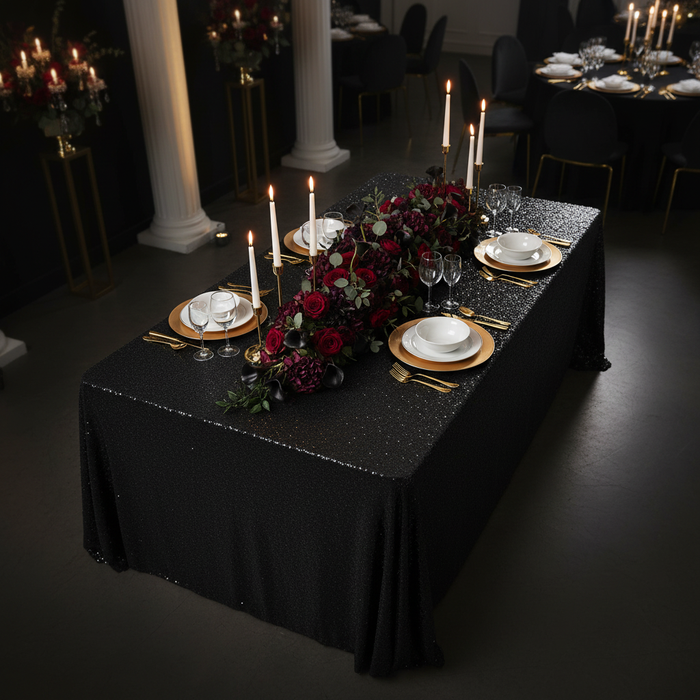 Glitz Sequin 90"x132" Rectangular Tablecloth - Black in Luxurious Dining Reception.