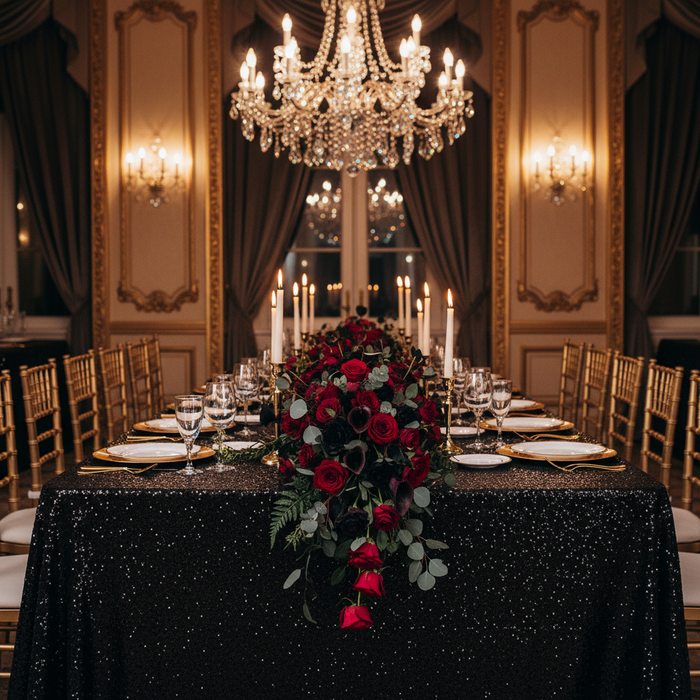 Glitz Sequin 90"x132" Rectangular Tablecloth - Black in Luxurious Dining Reception.