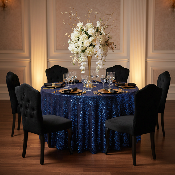 Glitz Sequins 120" Round Tablecloth - Navy Blue (New Tone)