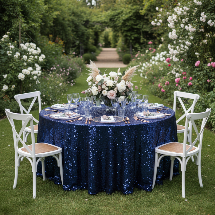 Glitz Sequins 120" Round Tablecloth - Navy Blue (New Tone)