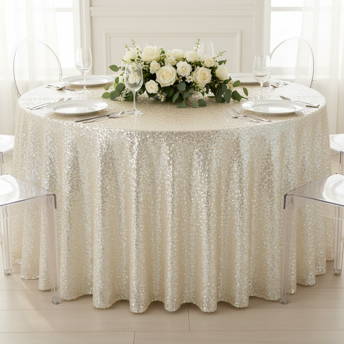 Glitz Sequins 132" Round Tablecloth - Ivory.
