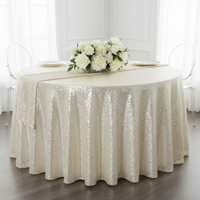 Glitz Sequins 132" Round Tablecloth - Ivory.