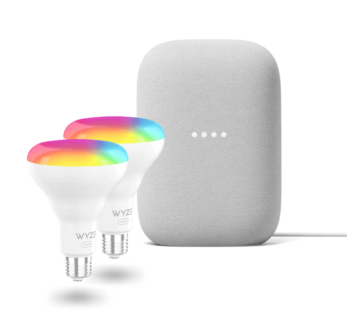 Two colorful Wyze smart bulbs are displayed next to a Wyze smart speaker.
