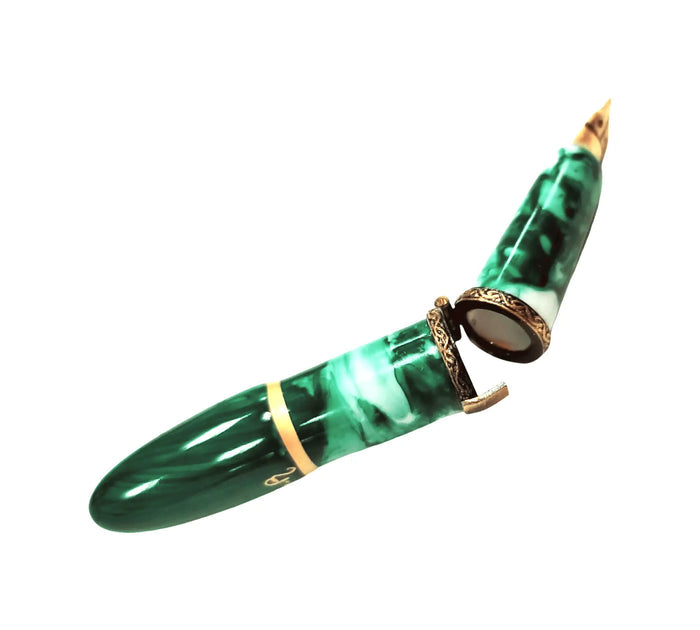 Green Elegance Fountain Pen Limoges box, hand-painted porcelain made in France