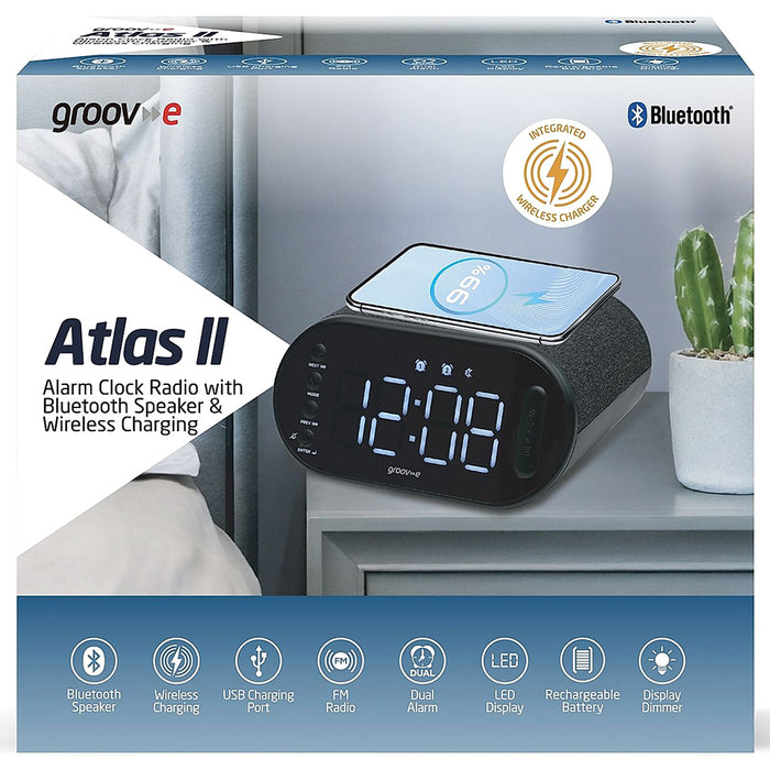 Groov-e Atlas II Alarm Clock Radio with Wireless Charging Pad - Black | GVCR06BK from Groov-e - DID Electrical