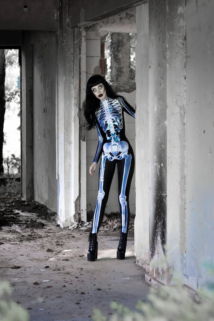 Halloween Skeleton Bodysuit with Glow Blacklight Effect