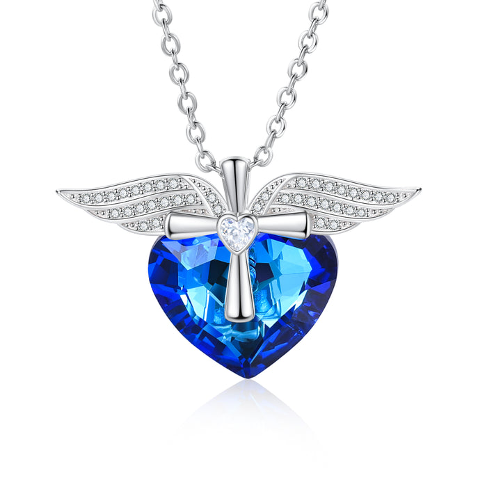Heart Blue Crystal Necklace Angle Wings Sapphire Necklace for Her