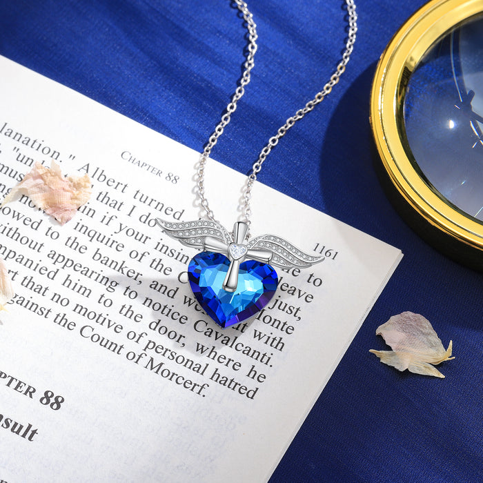 Heart Blue Crystal Necklace Angle Wings Sapphire Necklace for Her