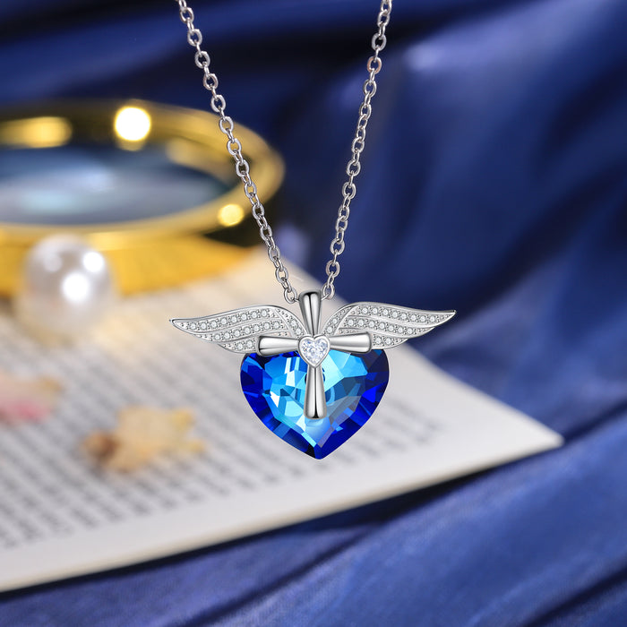 Heart Blue Crystal Necklace Angle Wings Sapphire Necklace for Her