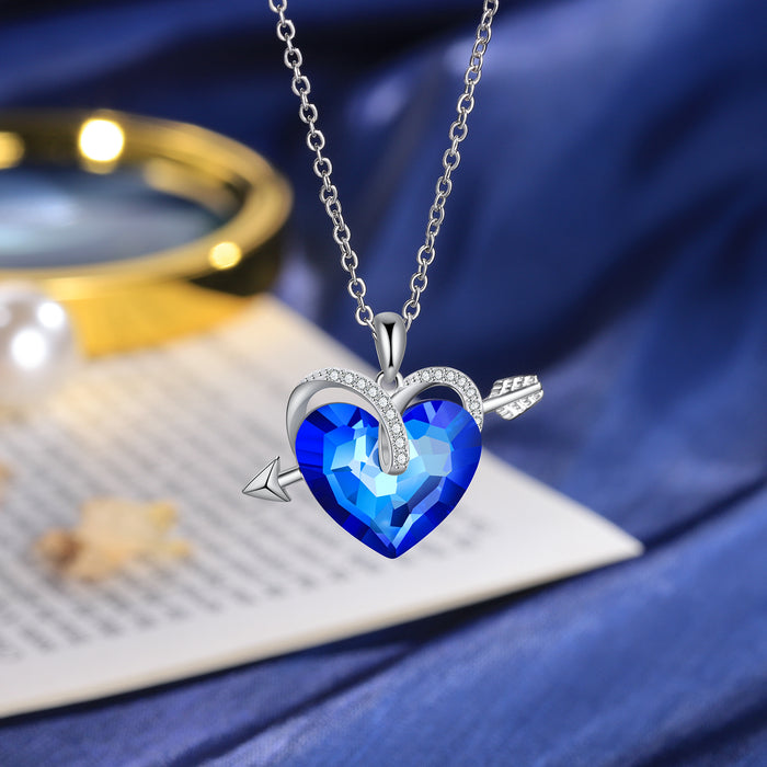 Heart Blue Crystal Necklace Love Arrow Sapphire Necklace for Her