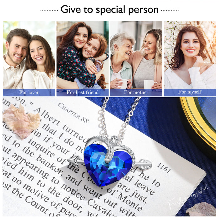 Heart Blue Crystal Necklace Love Arrow Sapphire Necklace for Her