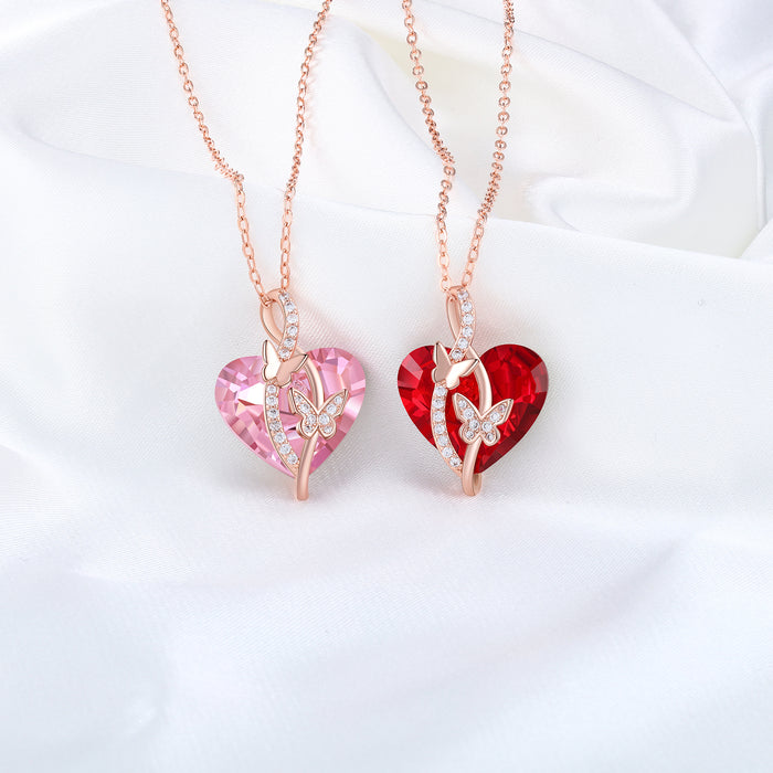 Heart Red Crystal Necklace Butterfly Ruby Necklace for Her