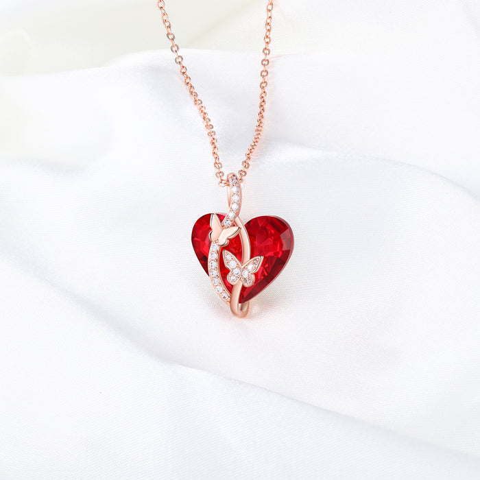 Heart Red Crystal Necklace Butterfly Ruby Necklace for Her