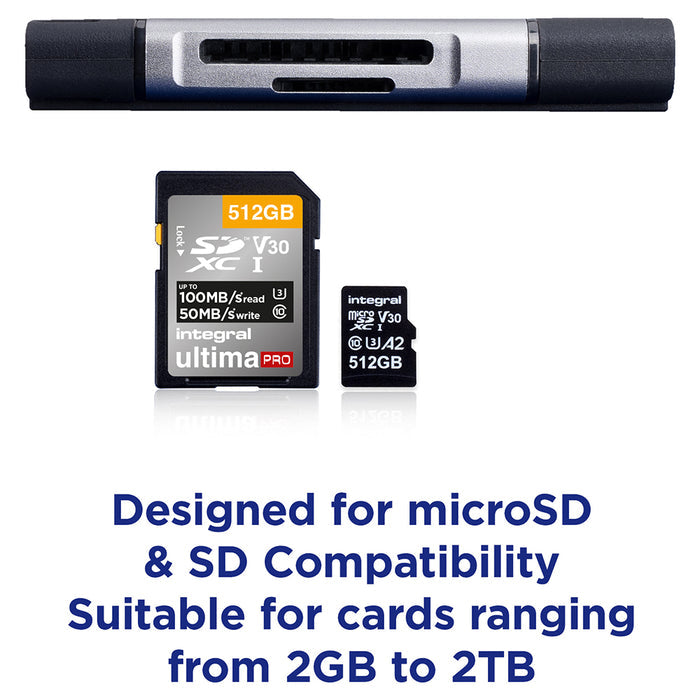 Integral Dual End SD and microSD Card Reader - Black & Silver | INCRUSB3.2ACSDMSDR
