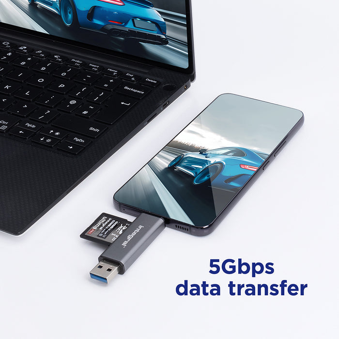 Integral Dual End SD and microSD Card Reader - Black & Silver | INCRUSB3.2ACSDMSDR