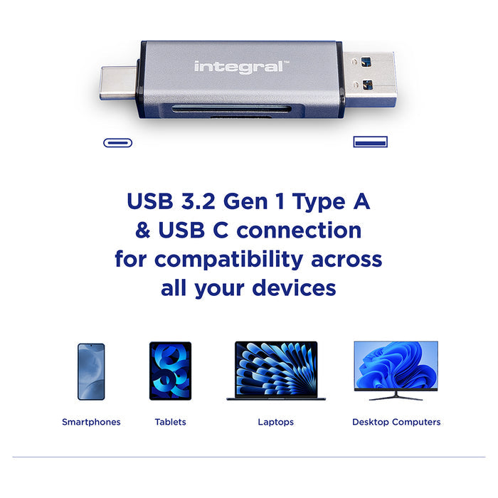 Integral Dual End SD and microSD Card Reader - Black & Silver | INCRUSB3.2ACSDMSDR