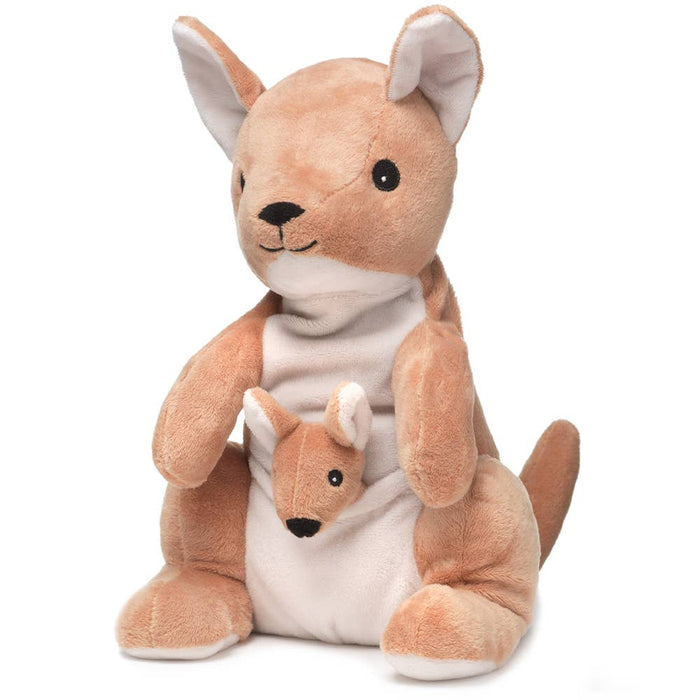 A plush kangaroo toy with a smaller kangaroo peeking out from its pouch, both with a brown and white color scheme.