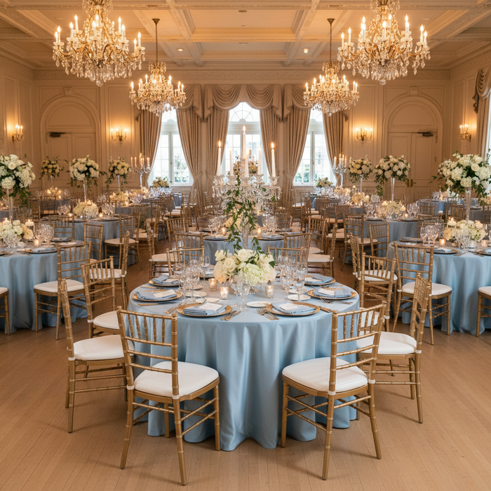 wedding reception with Lamour Satin 120" Round Tablecloth - Dusty Blue
