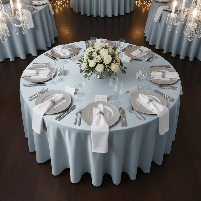 top view of Lamour Satin 120" Round Tablecloth - Dusty Blue