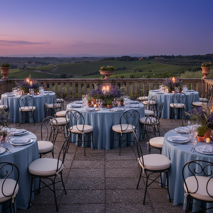 outdoor villa setup with Lamour Satin 120" Round Tablecloth - Dusty Blue