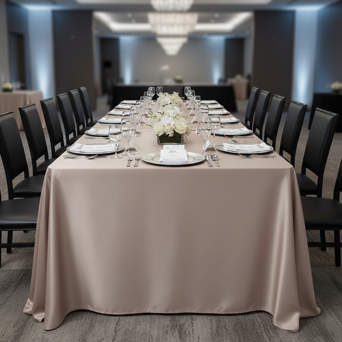 Lamour Satin 90"x132" Rectangular Oblong Tablecloth - Taupe with silver charger plate | white napkin | black chair