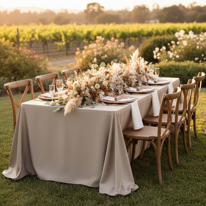 Lamour Satin 90"x132" Rectangular Oblong Tablecloth - Taupe with goldcharger plate | white napkin | floral centerpieces