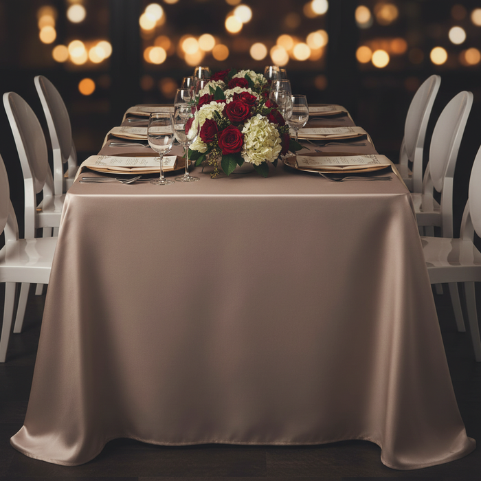 Lamour Satin 90"x132" Rectangular Oblong Tablecloth - Taupe with gold charger plate | white napkin | floral centerpieces