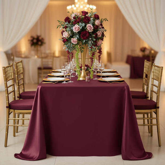 Lamour Satin 90"x156" Rectangular Oblong Tablecloth - Burgundy with gold charger plate | white dinner plate | gold chiavari chair