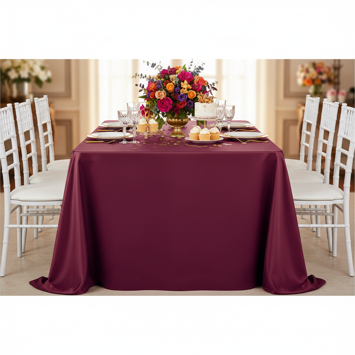 Lamour Satin 90"x156" Rectangular Oblong Tablecloth - Burgundy with white charger plate | white dinner plate | white chiavari chair | flower centerpice