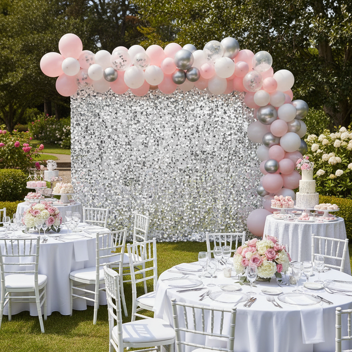 birthday celebration with Large Payette Sequin 12ft H x 52" W Drape/Backdrop panel - Silver