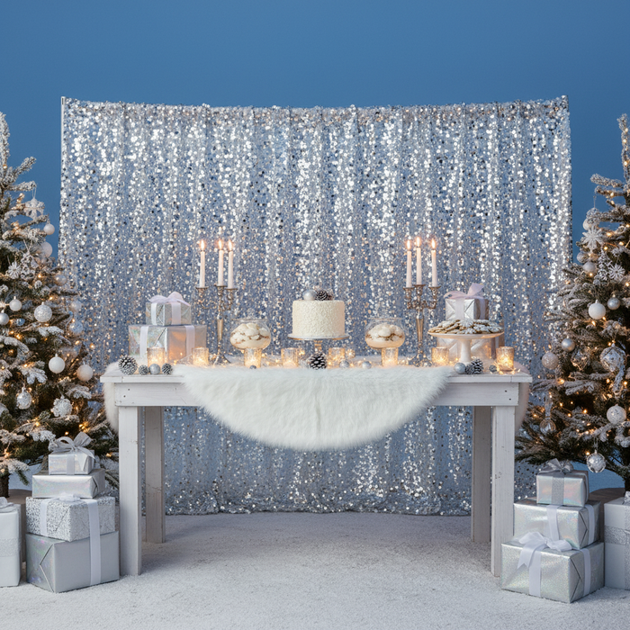 winter wonderland holiday setup with Large Payette Sequin 12ft H x 52" W Drape/Backdrop panel - Silver