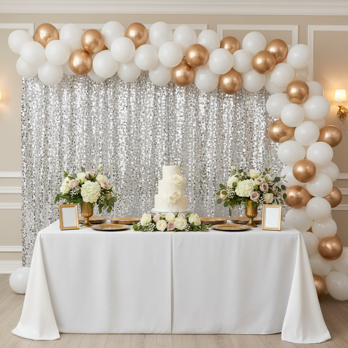 baby shower setup with Large Payette Sequin 12ft H x 52" W Drape/Backdrop panel - Silver