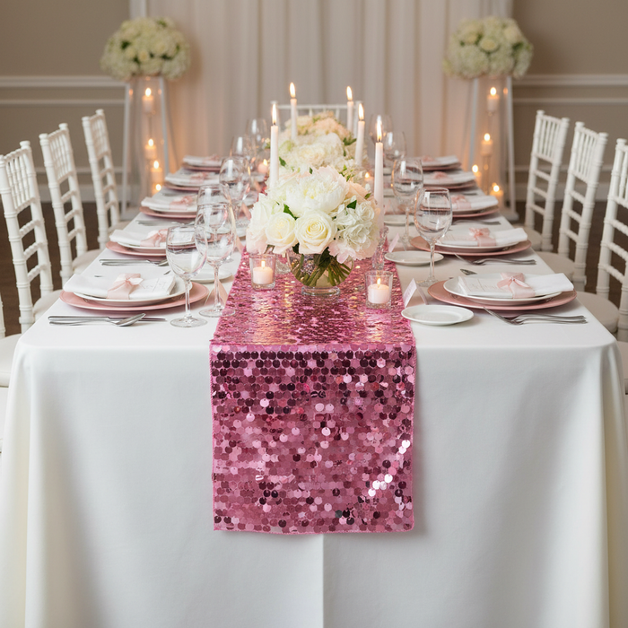 Large Payette Sequin Table Runner - Pink  | tablecloth | charger plate | napkin | wine goblet | dinner plate |