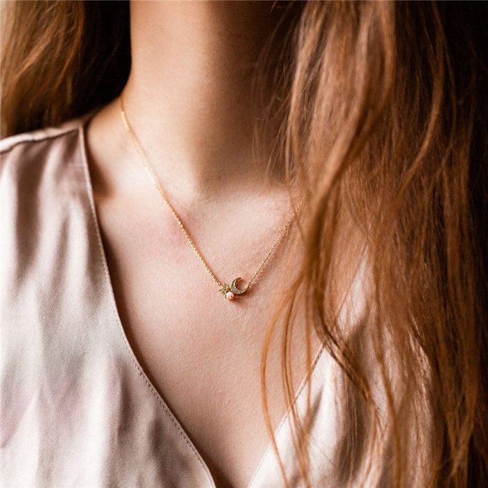 Moon and Star Zircon Necklace Gold Necklaces Kosiner