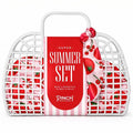 Pinch Provisions Super Summer Set in white wicker basket with red cherry design and pink bow