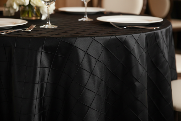 Lifestyle_Detail_Black Pintuck Round Tablecloth Size: 132 in