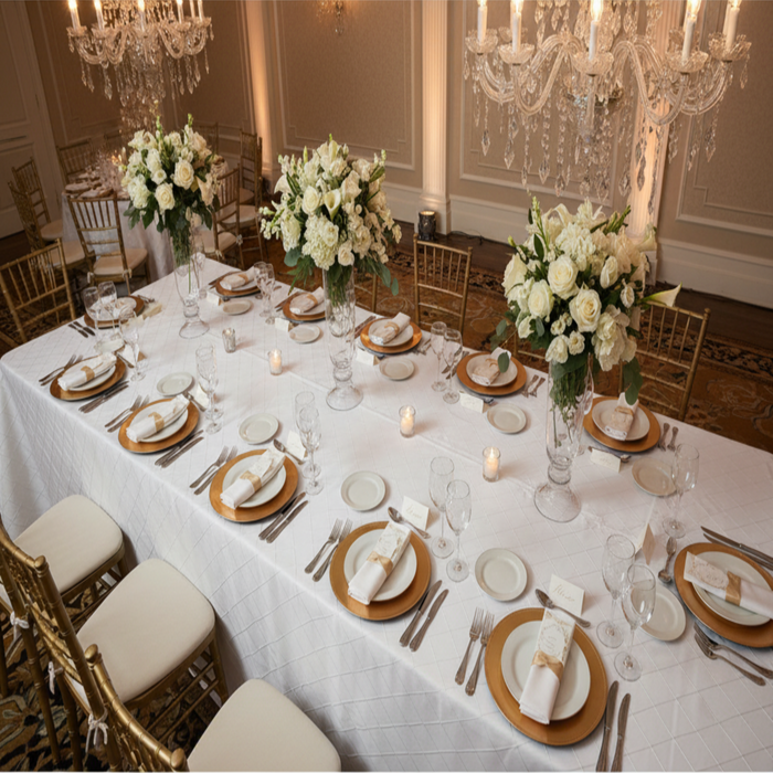 White 90x132 Pintuck Taffeta Tablecloth Wedding Reception