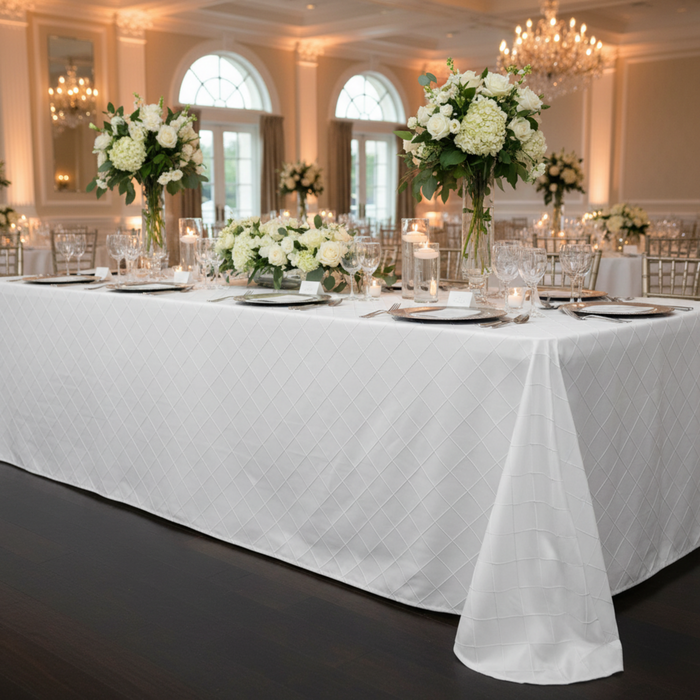 White 90x132 Pintuck Tablecloth Wedding Reception Indoor