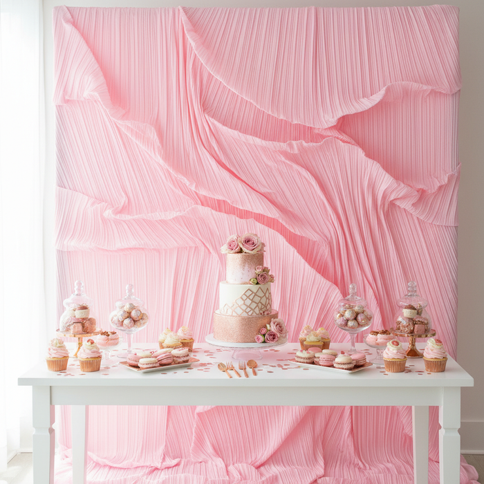Pleated Crinkle Pink Fabric backdrop behind birthday dessert table