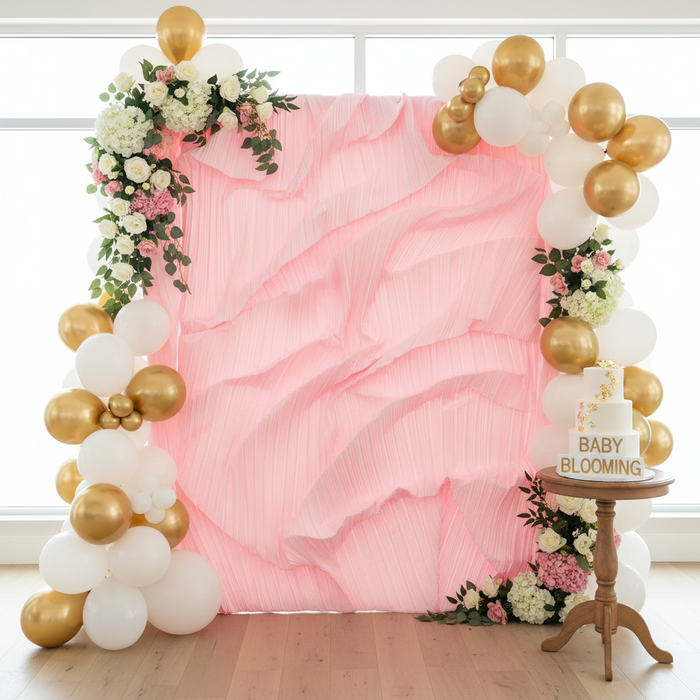 Pleated Crinkle Pink Fabric backdrop for baby shower photo booth