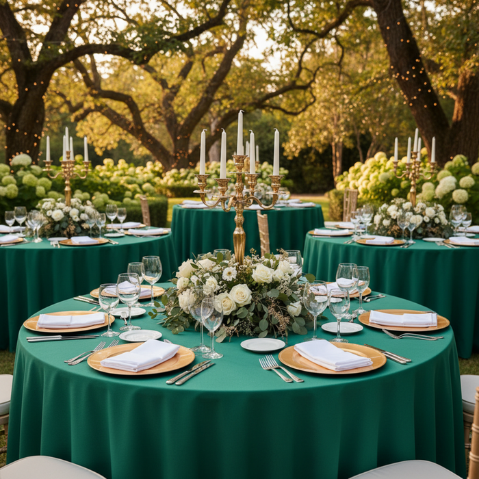 Outdoor Wedding Reception with 108 round Emerald Green Polyester Tablecloth
