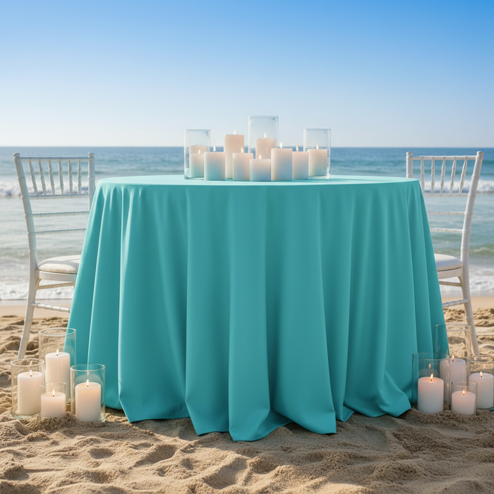 Light turquoise tablecloth beach scene square format