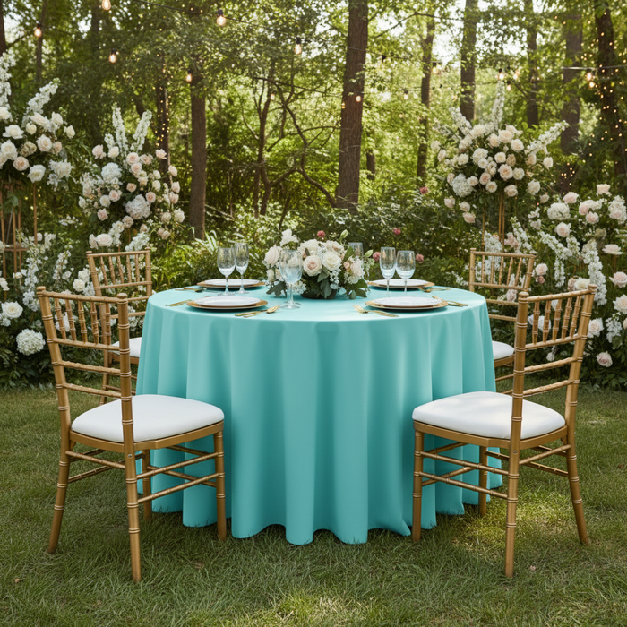 Light turquoise tablecloth garden wedding setting