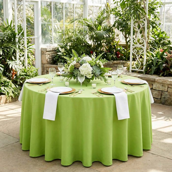 garden setup using Premium Polyester 120" Round Tablecloth - Apple Green