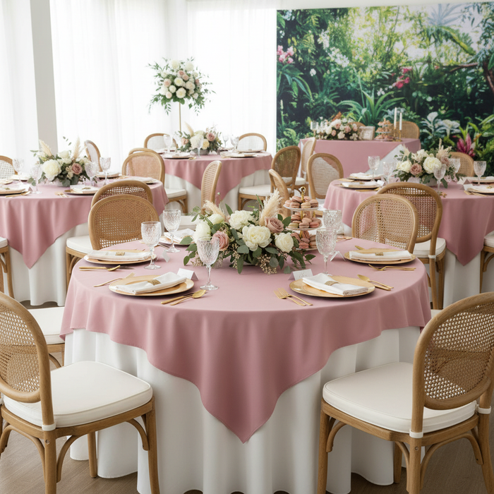 Premium Polyester Square 72" Overlay/Tablecloth - Dusty Rose/Mauve | charger plate | napkin | wine goblets | tablecloth |