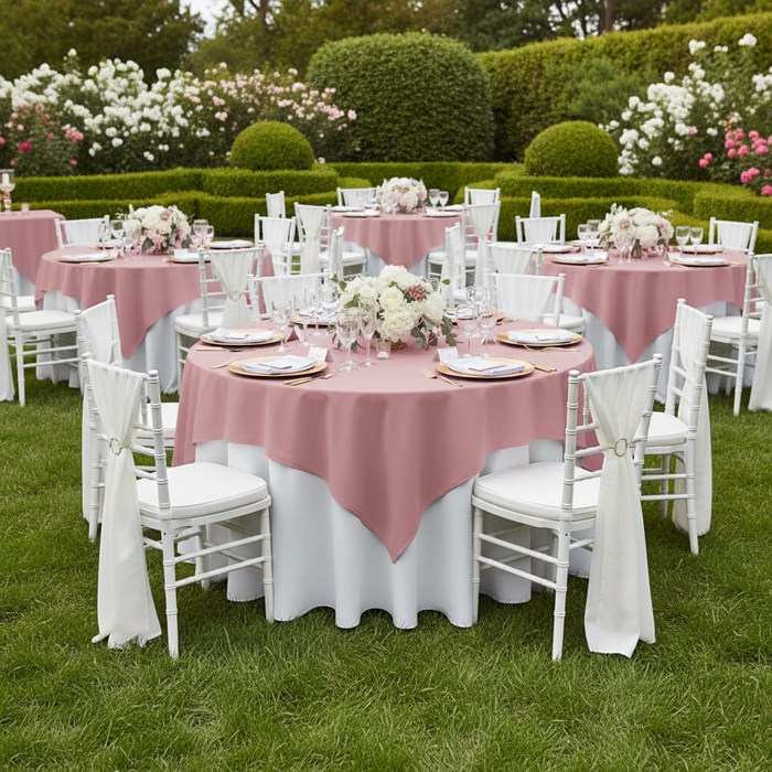 Premium Polyester Square 72" Overlay/Tablecloth - Dusty Rose/Mauve | charger plate | napkin | wine goblets | tablecloth |
