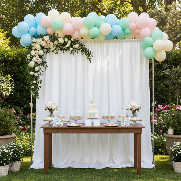 Premium Satin (Wrinkle-Resistant) Backdrop Panel/Drape White
outdoor Baby Shower setup with balloons and florals