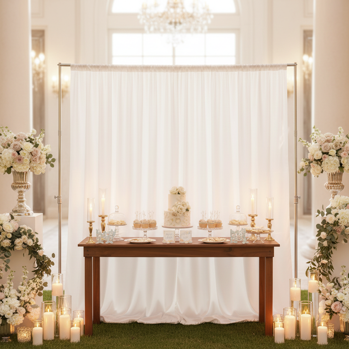 Premium Satin (Wrinkle-Resistant) Backdrop Panel/Drape White in front of a dessert table for a wedding