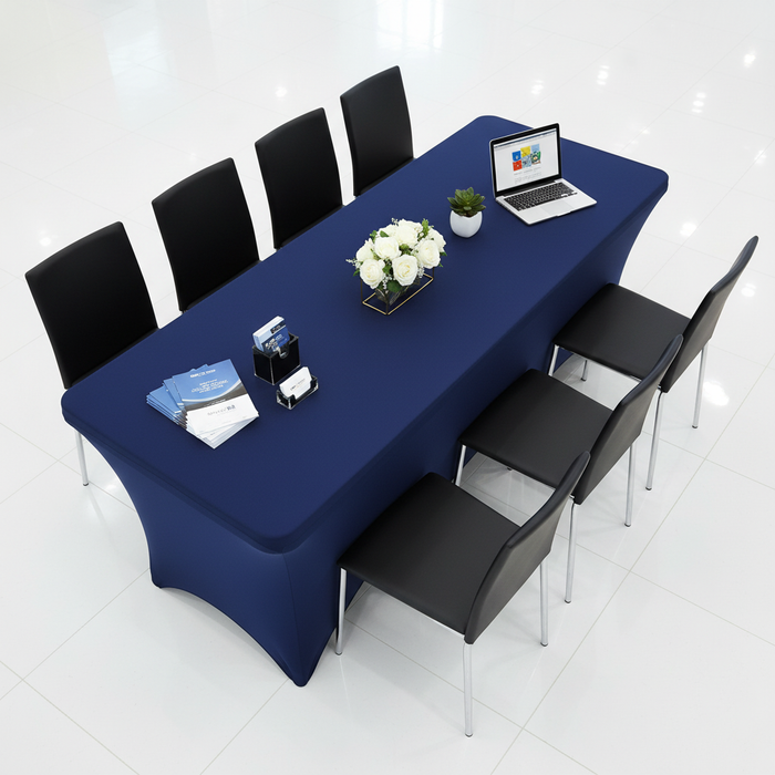 Rectangular 6 FT Spandex Table Cover - Navy Blue in Convention Reception.
