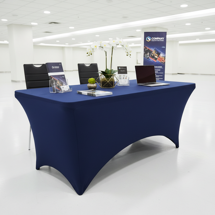 Rectangular 6 FT Spandex Table Cover - Navy Blue in Convention Reception.
